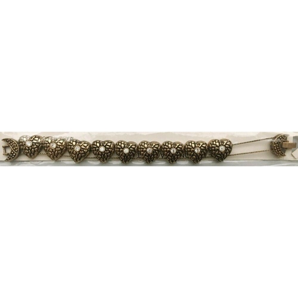 Rhinestone Heart Slide Charm Bracelet VTG Gold Tone 9 Slider Heart Charms NOS